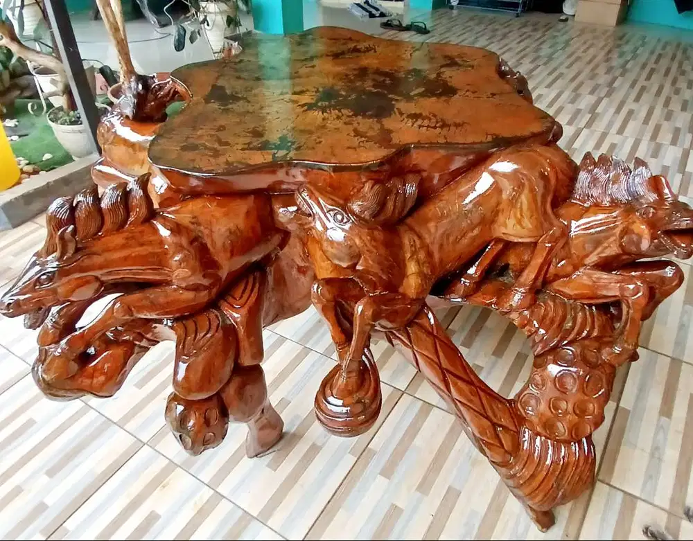 Meja antik relief 3D akar jati tua ukuran120-60