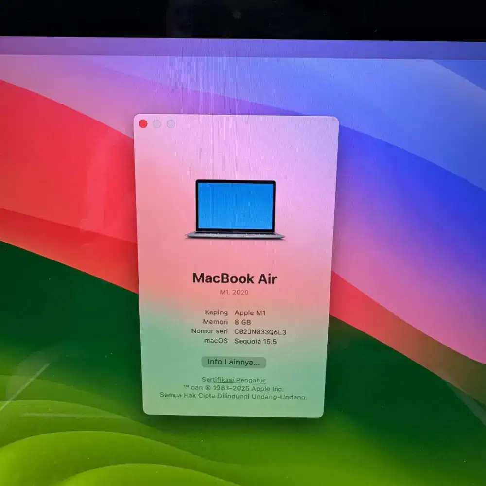 Macbook Air M1 Ram 8 Ssd 128 Layar 13 inch Ful set Space Grey like new