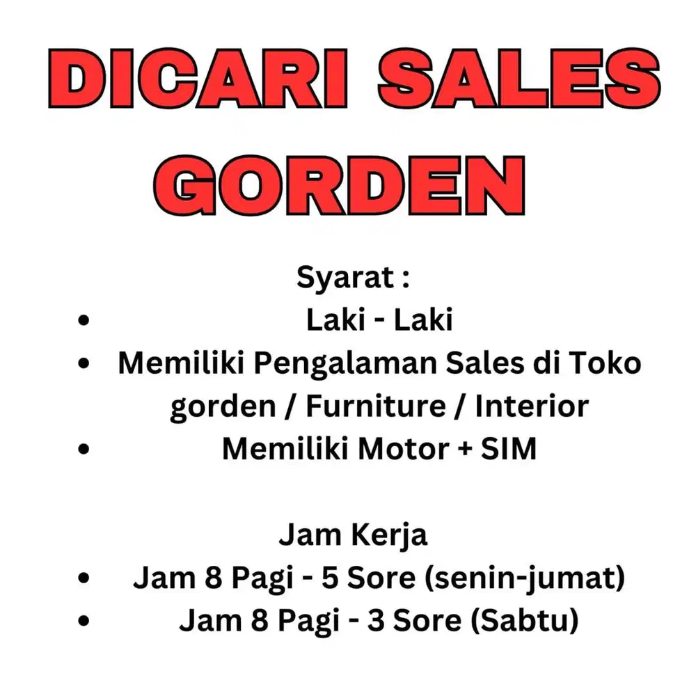 Dicari Sales Gorden Area Tangerang Jakarta