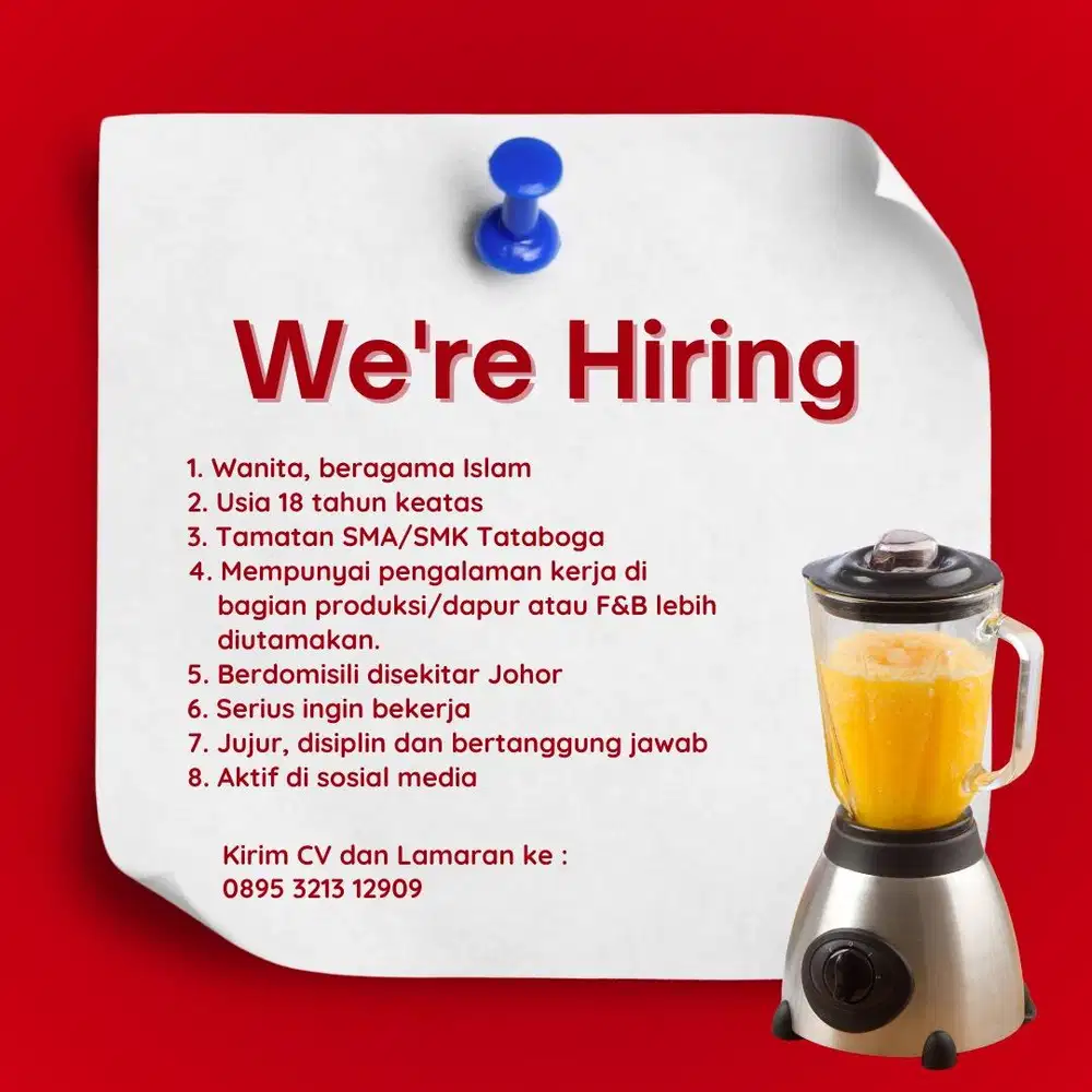 Dibutuhkan Seorang Bagian Produksi Minuman