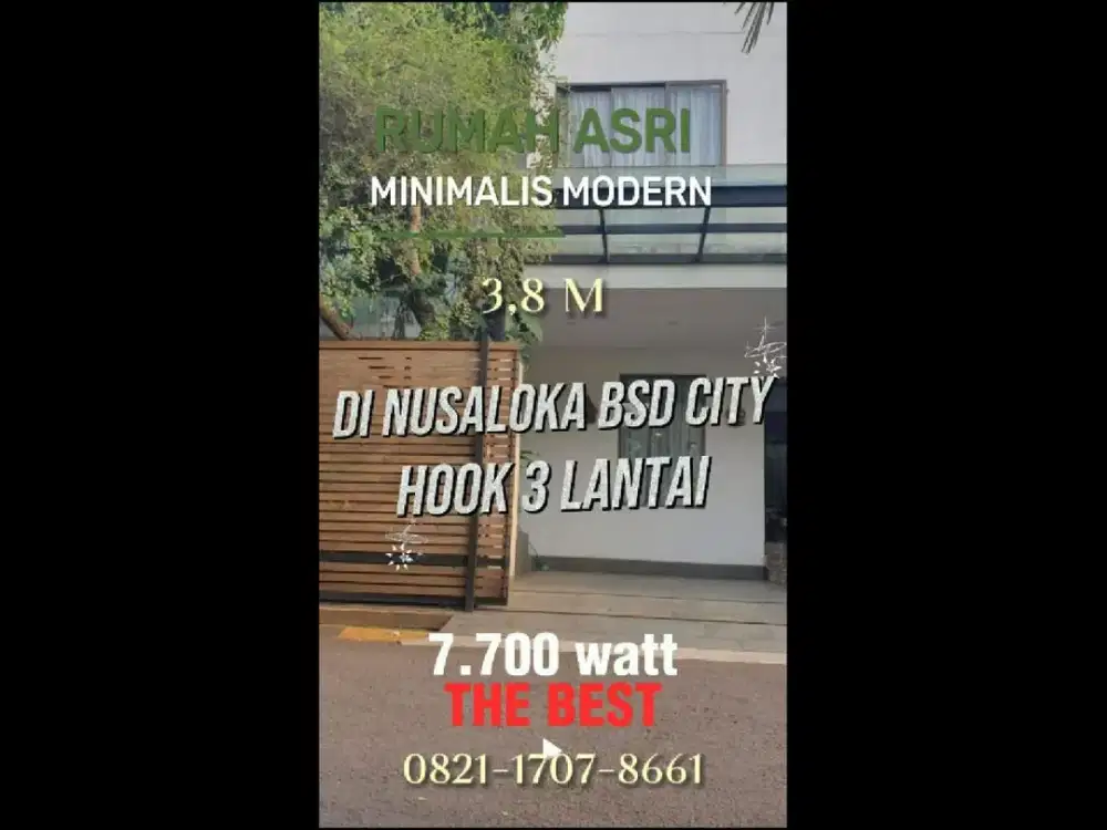 Rumah HOOK, 3 Lantai LT182 LB200 , Menghadap Utara & Timur, Listrik 7.700W, Nusa Loka , BSD City