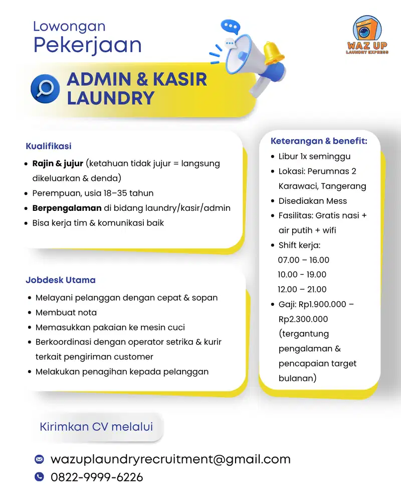 LOWONGAN ADMIN & KASIR LAUNDRY TANGERANG