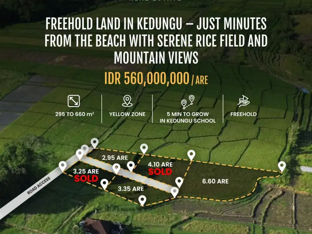 Tanah Freehold di Kedungu – Pemandangan Sawah & Gunung, Hanya Beberapa Menit ke Pantai