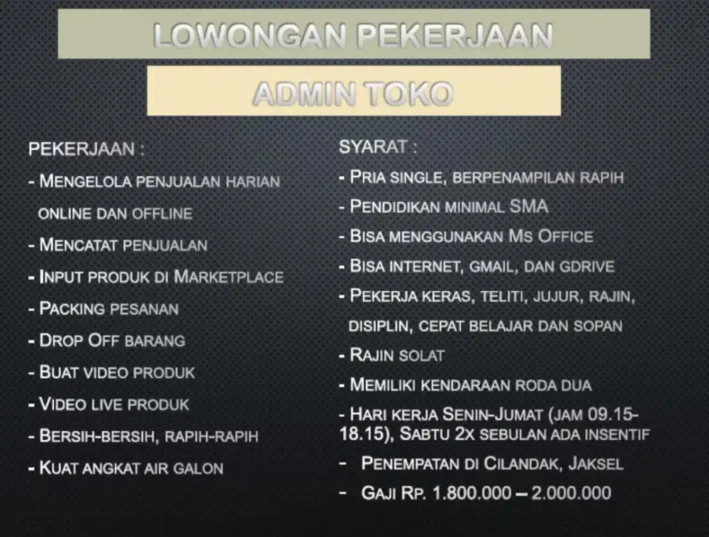 Dibutuhkan Admin Toko