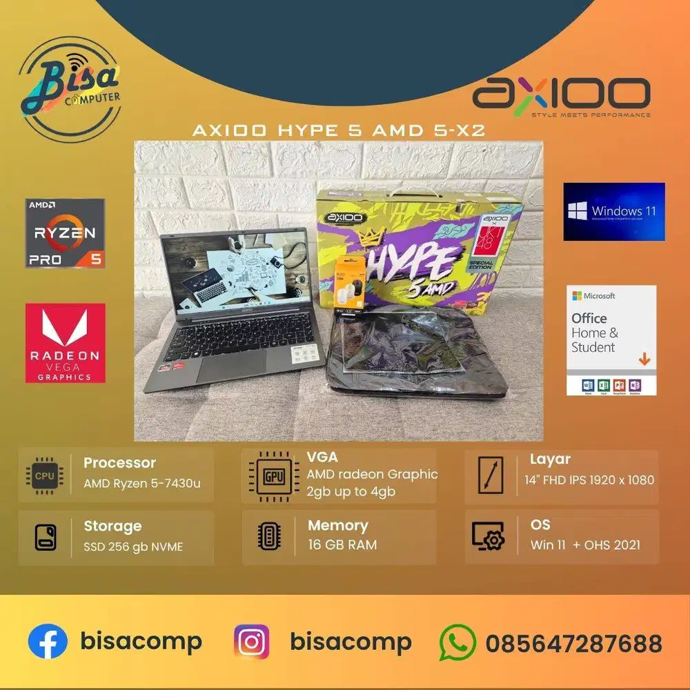 Axioo Hype 5 AMD X5-2 AMD Ryzen 5-7430u ssd 256gb ram 16gb vga 4gb