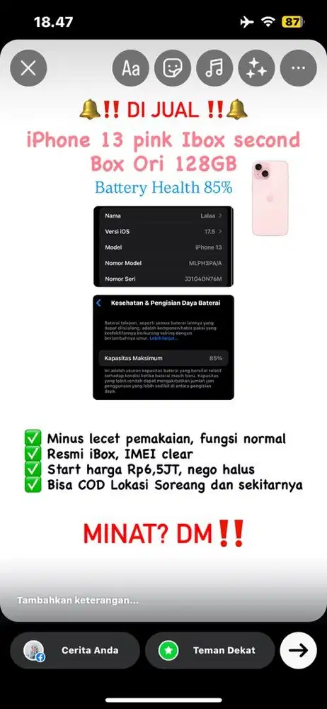 Iphone 13 Pink Ibox 128GB BH 85% Second Ori Box
