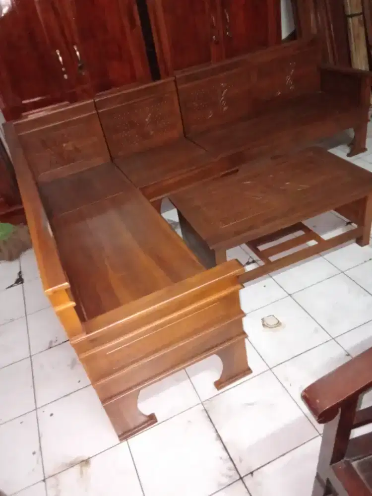 Kursi tamu kayu jati model minimalis sudut L finishing clear ngedop