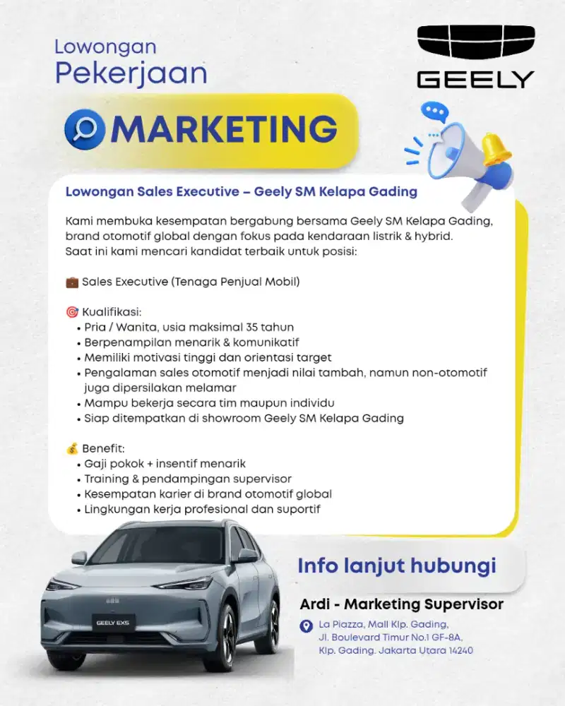 Lowongan Sales Executive – Geely Kelapa Gading