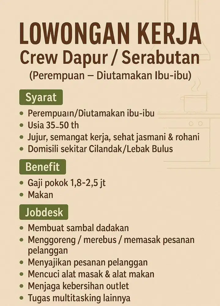 Dibutuhkan Crew Outelt