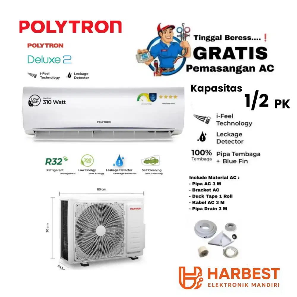FREE PASANG! POLYTRON AC Split 1/2 PK - Deluxe 2 Gold Fin R32 PAC-05VH