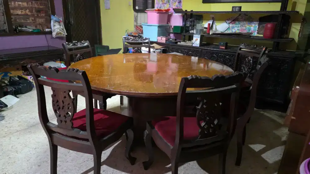 Meja makan Jati Bundar 8 kursi
