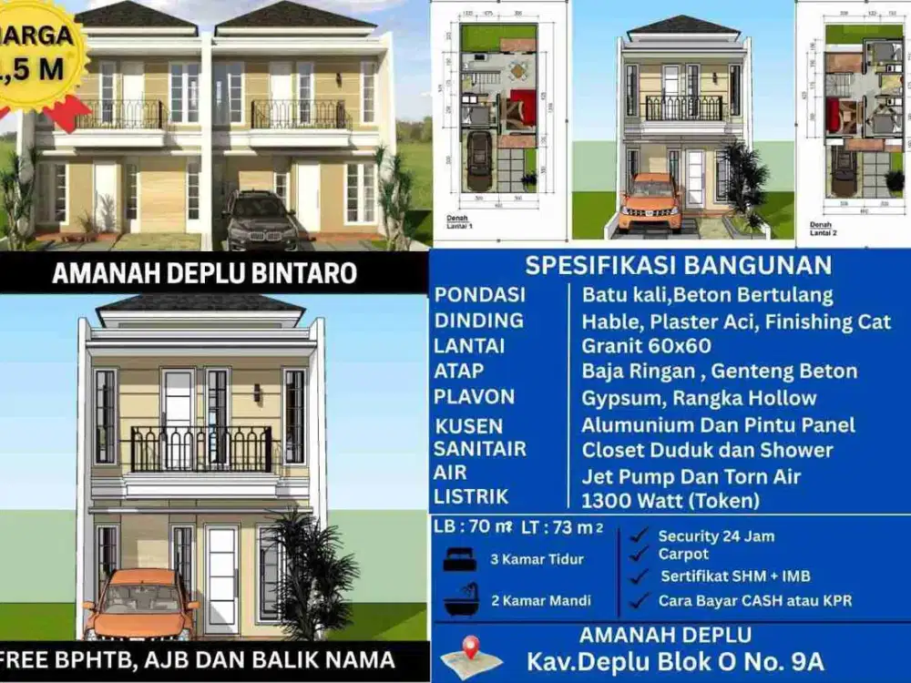 Rumah cluster pondok aren 2 lantai 3 kamar tidur KPR bebas banjir strategis hanya 5 menit ke tol Bintaro stasiun pondok Ranji kota Tangerang Selatan