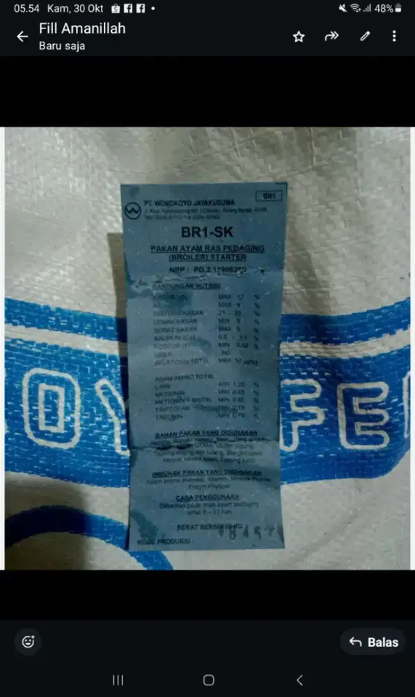 Pakan ayam tinggi protein 21-23% br 1 wonokoyo