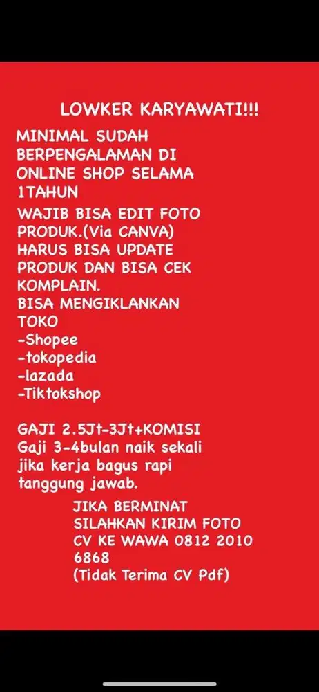 Lowongan kerja wanita olshop. Gaji + komisi
