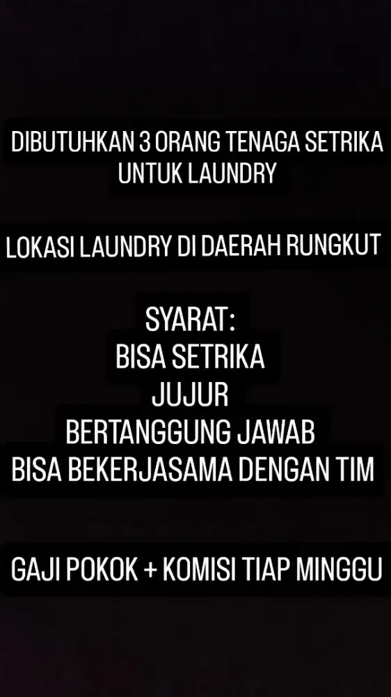 DICARI TENAGA SETRIKA USAHA LAUNDRY