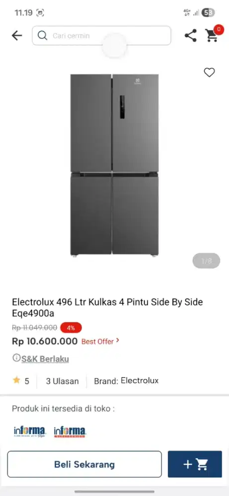 Ready stok kulkas electrolux 4 pintu