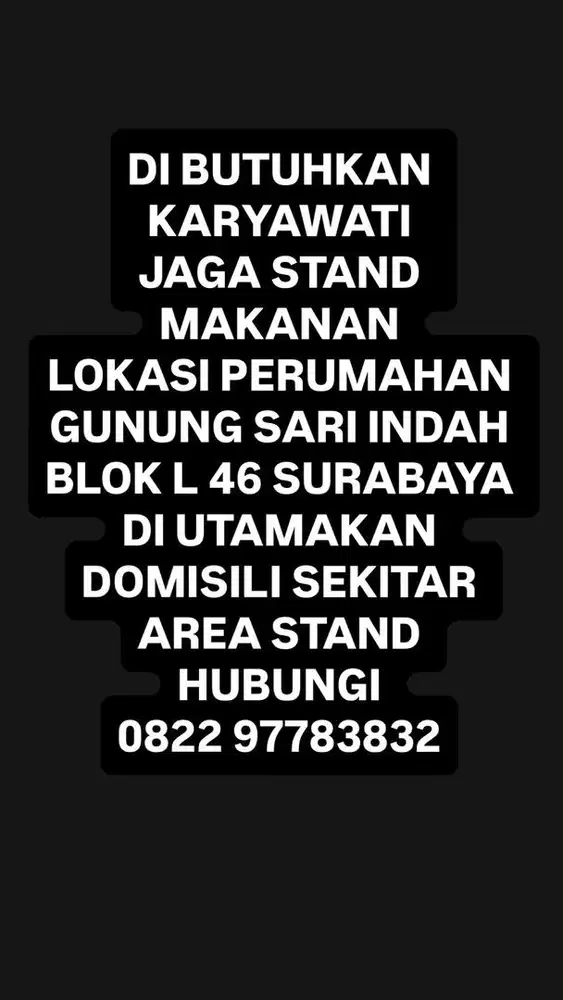 Di butuhkan karyawati jaga stand makanan