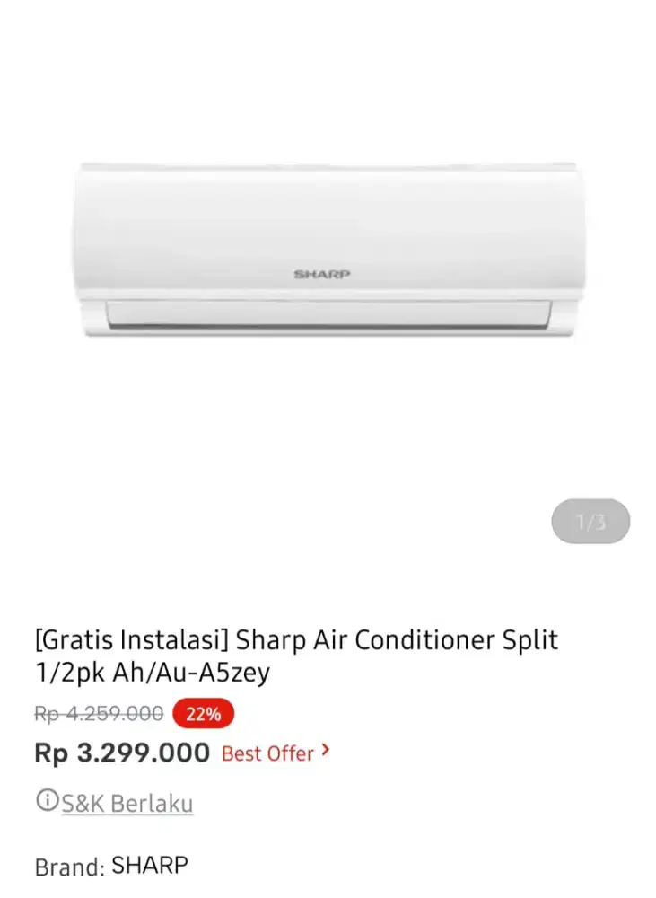 Sharp ac  standar 0,5pk + pemasangan
