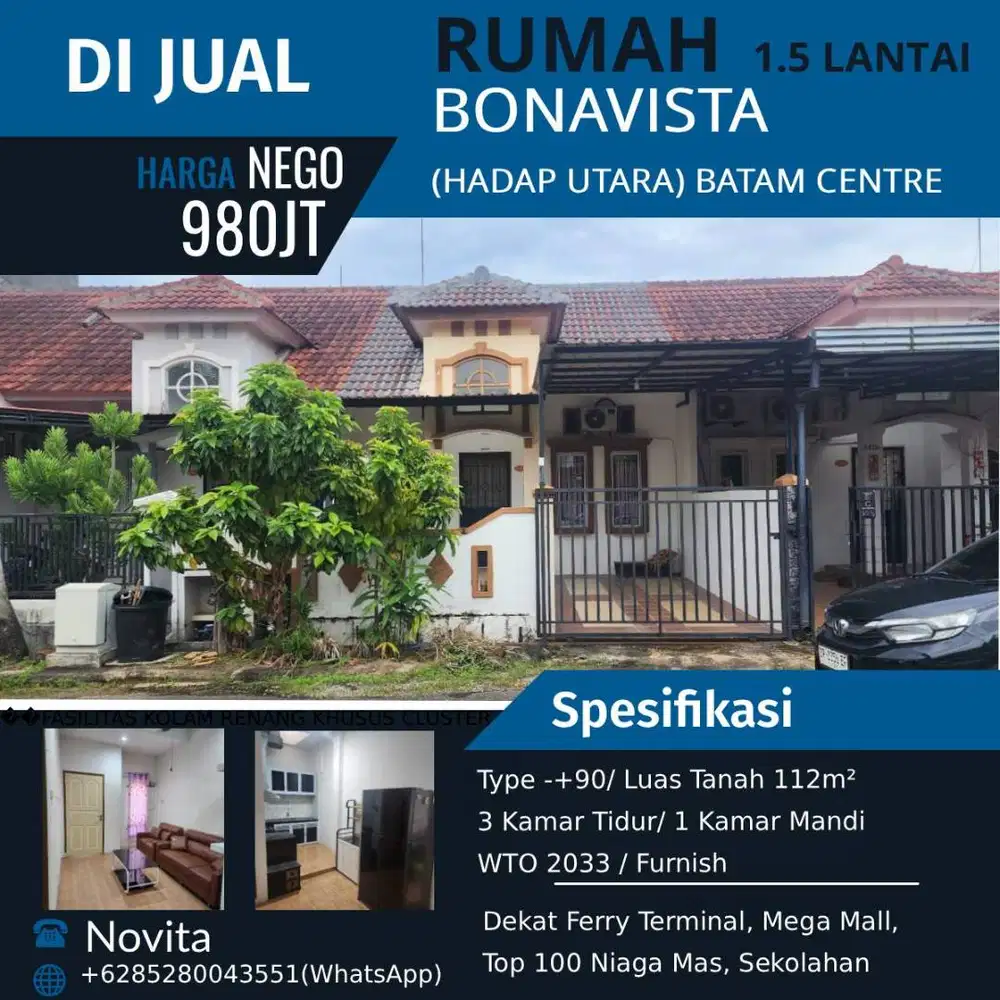 Rumah 1.5Lt Bonavista Hadap Utara Siap Huni, Batam Centre
