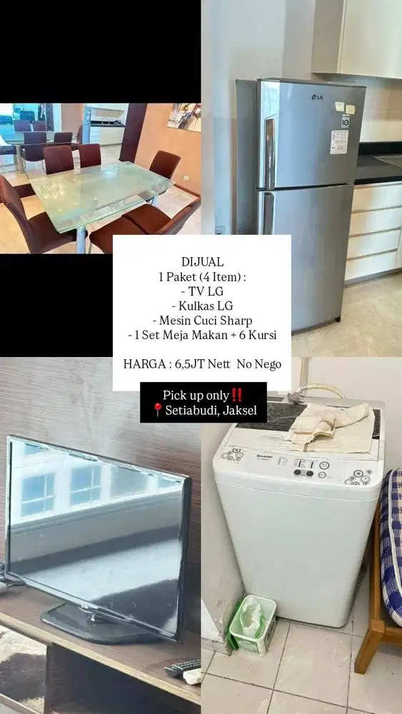 DIJUAL 1 PAKET (KULKAS, TV, MESIN CUCI, MEJA MAKAN)