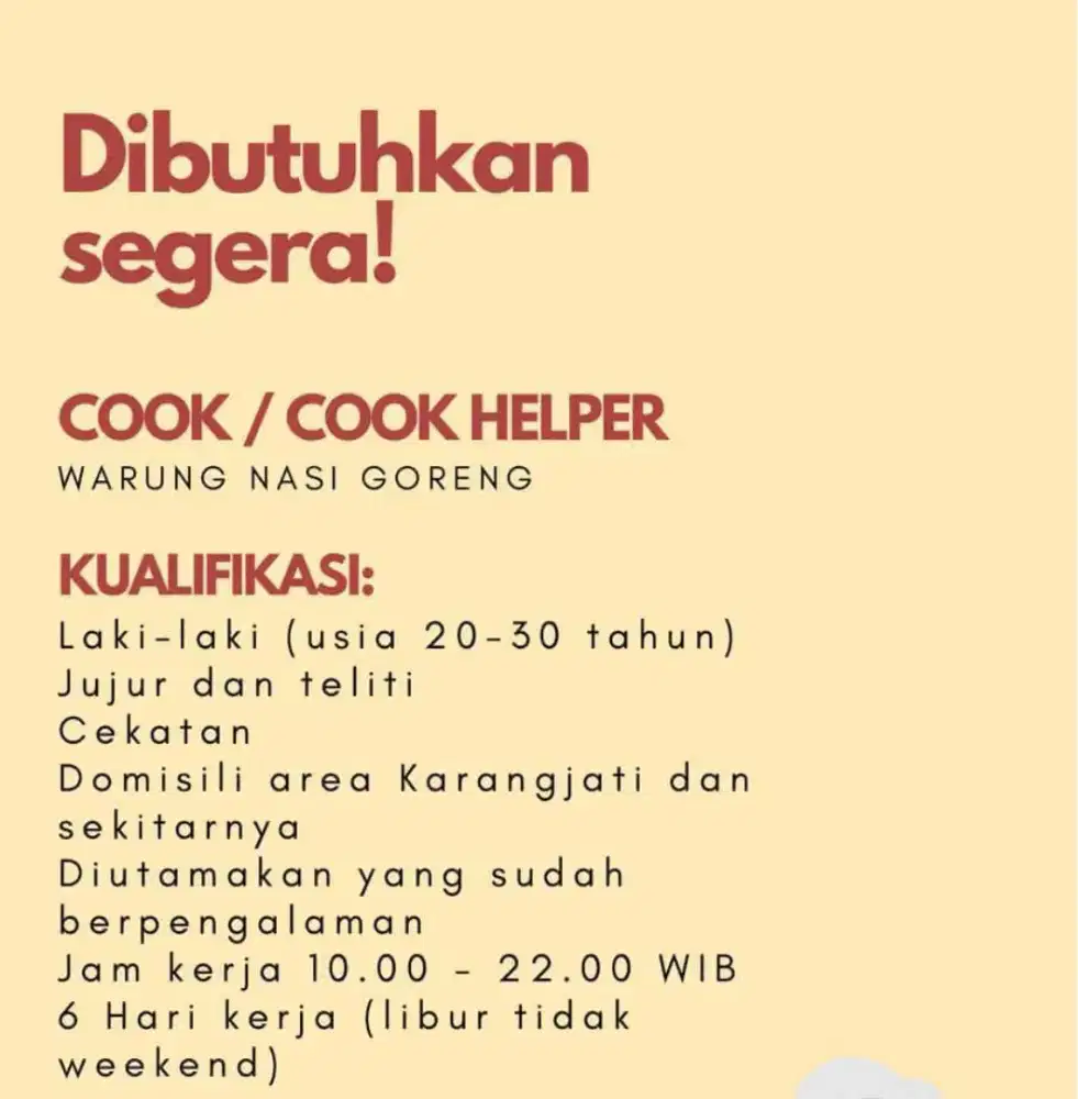 Loker warung makan nasgor dan geprek