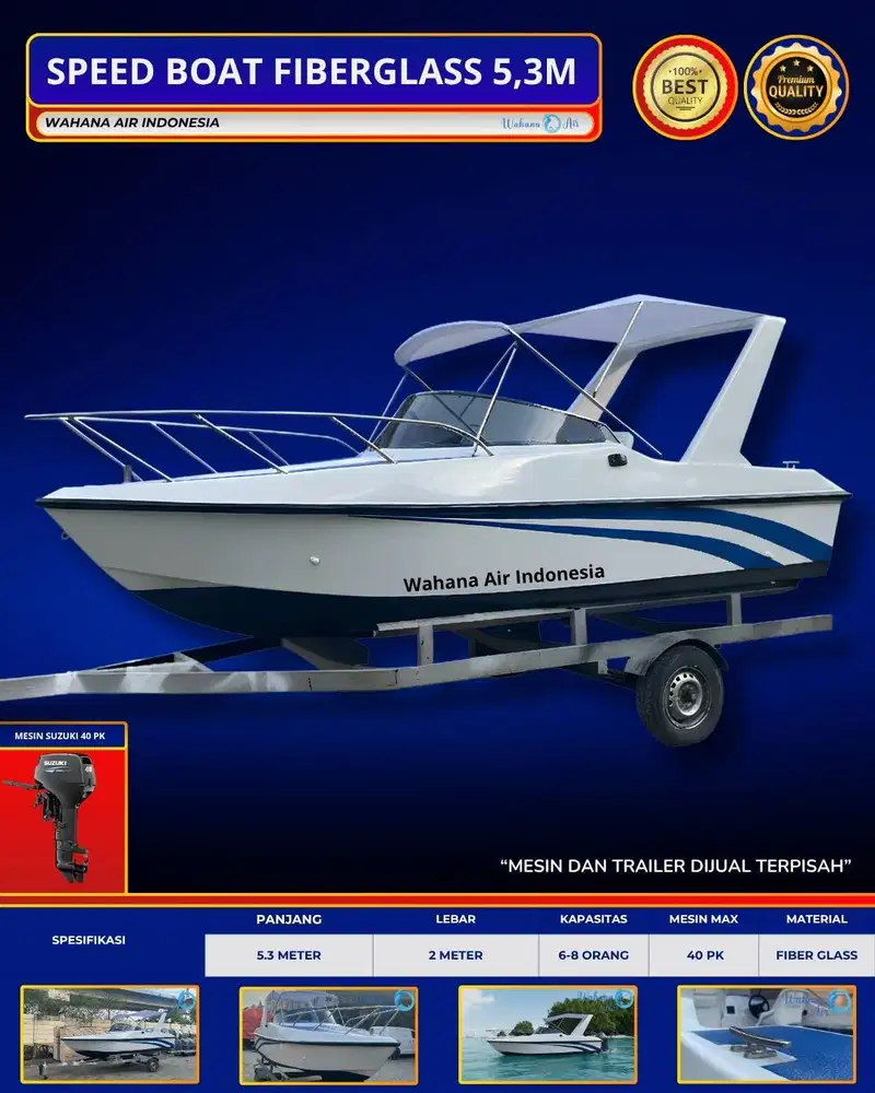 PERAHU SPEED BOAT FIBERGLASS PATROLI MANCING WISATA PANJANG 5,3 METER