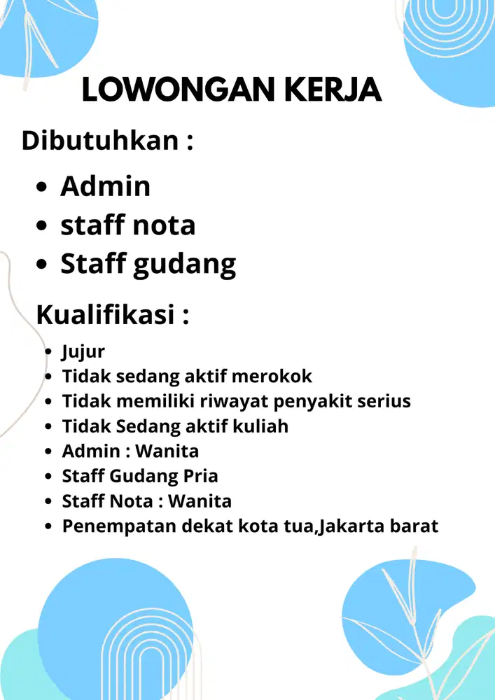 DIBUKA LOWONGAN ADMIN STAFF NOTA DAN STAFF GUDANG