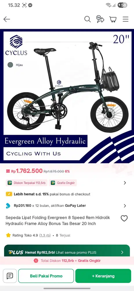 Dijual Murah Sepeda Lipat Evergreen 20inch 8eg speed