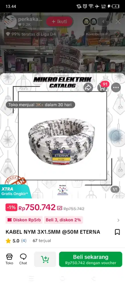 Dijual kabel eterna 3x1.5 mm 50 meter