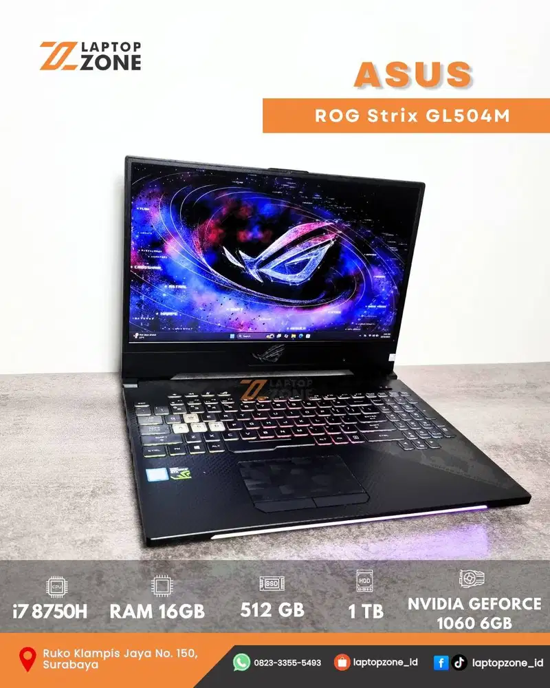 Asus ROG Strix GL504M Core I7 8750H RAM 16GB  SSD 512B  HDD 1TB