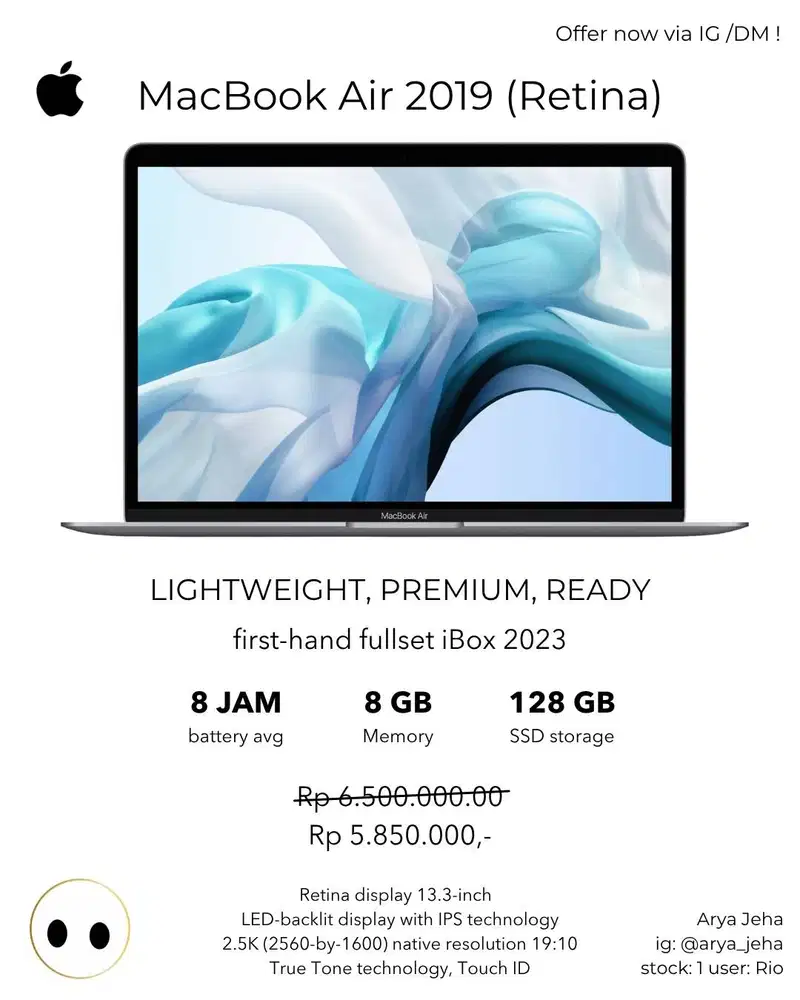 MacBook Air 2019 Retina Fullset - (Premium Pemakaian Pribadi - iBox 20