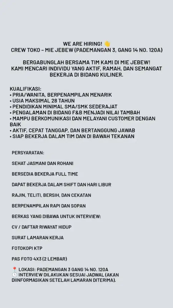 DI CARI KARYAWAN MIE JEBEW PADEMANGAN