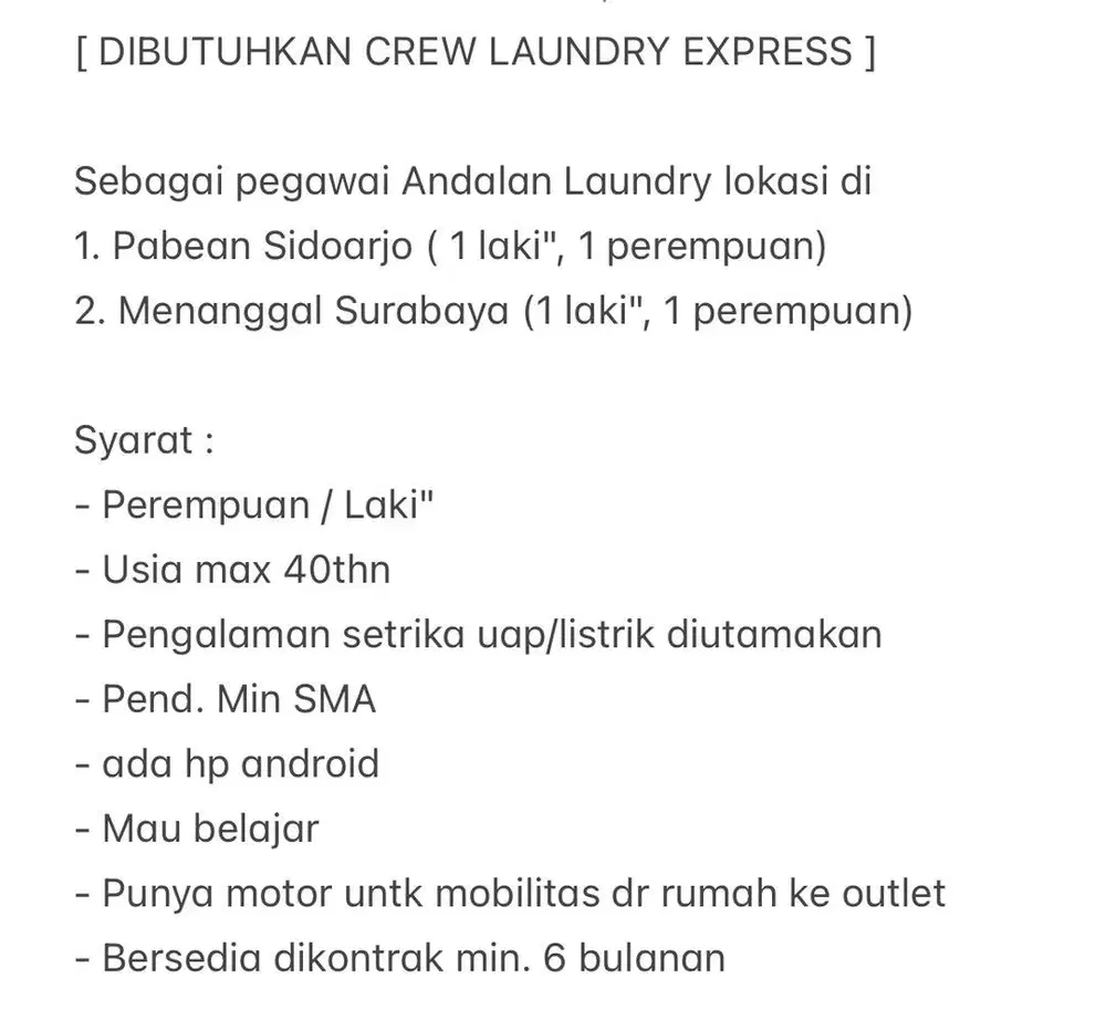 LOWONGAN KERJA LOKER KARYAWAN LAUNDRY