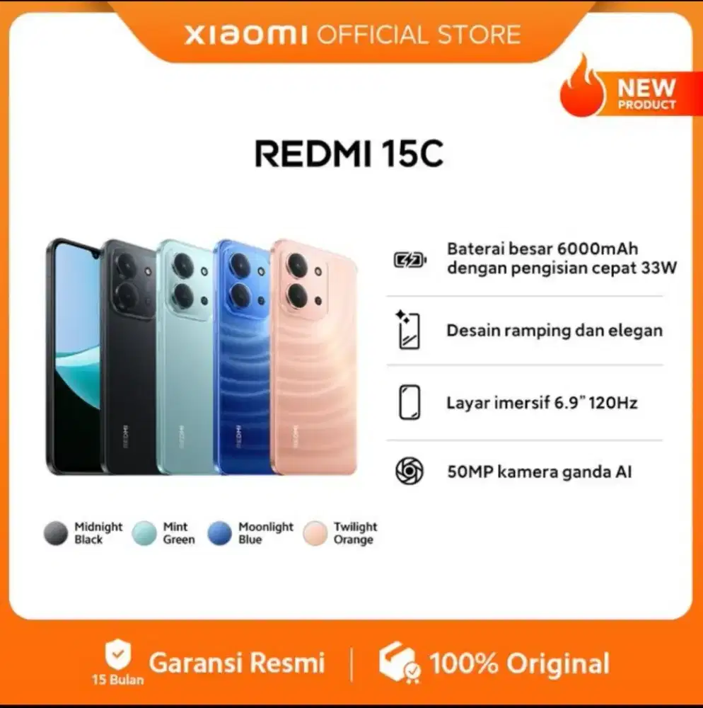 Xiaomi Redmi 15C (6+128GB) Baterai 6000mAh, Layar 6.9 inch 120Hz, 50MP