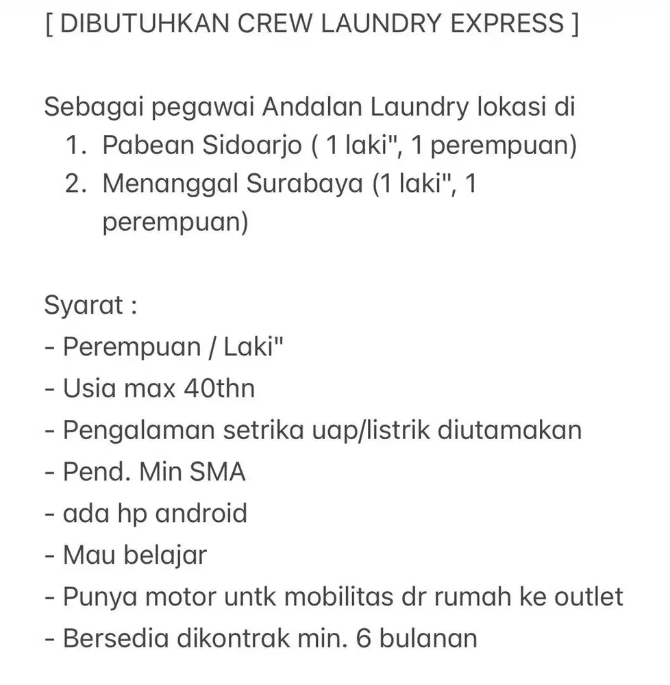 DIBUTUHKAN CREW LAUNDRY EXPRESS