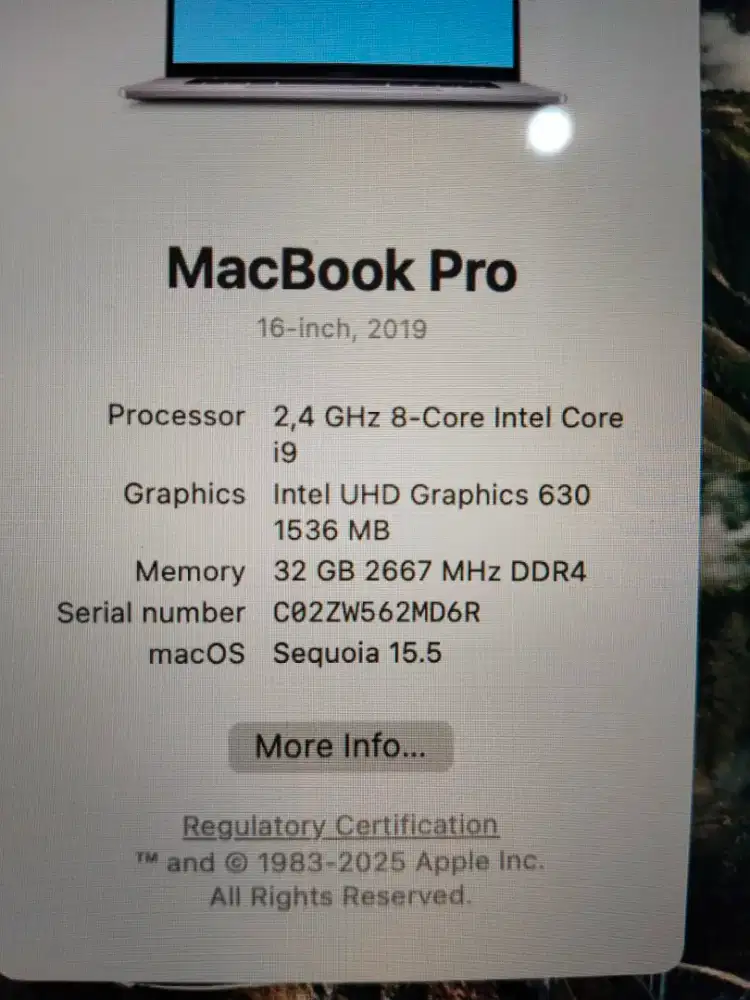 Dijual macbook Pro 16-inch 2019 intel core i9 ram 32GB SSD 256GB