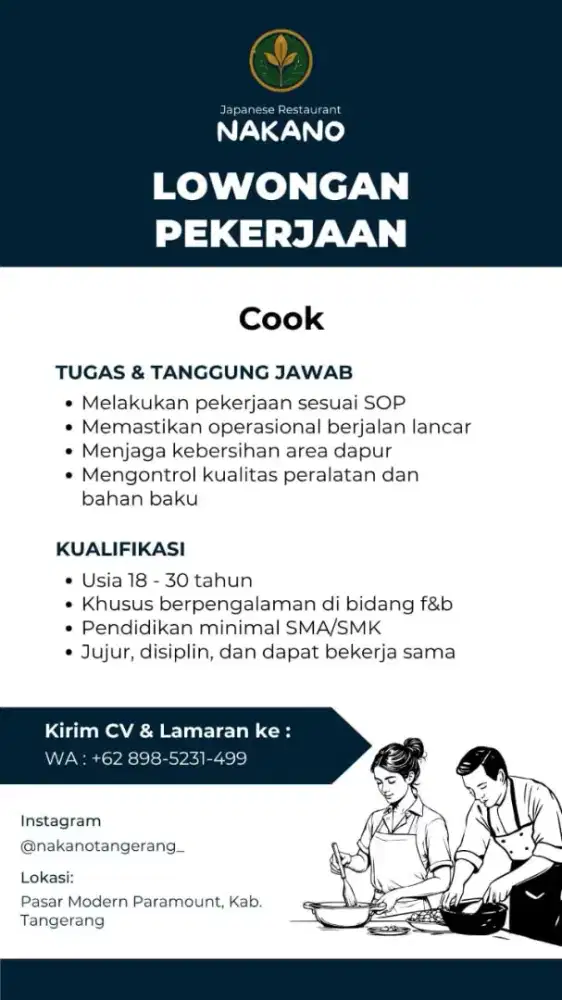 Dibutuhkan cook kitchen direstaurant japanese