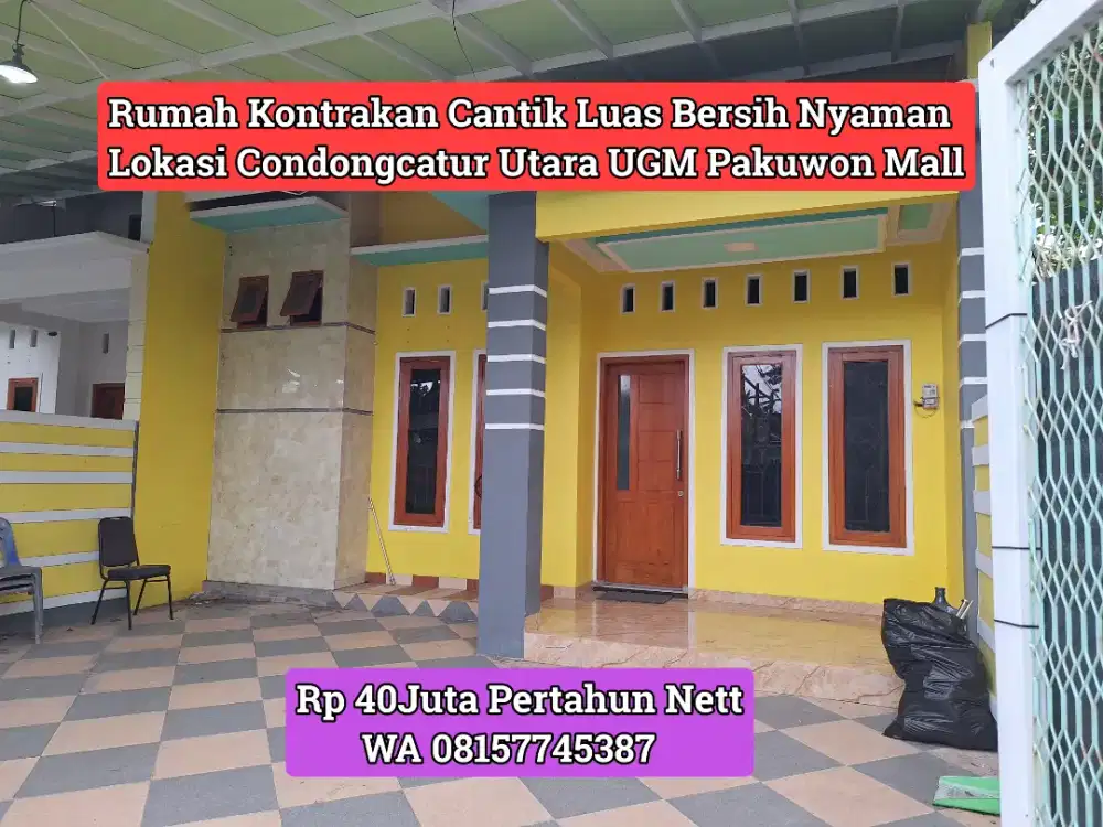 RUMAH DISEWAKAN UTARA UGM DICONDONCATUR CANTIK LUAS 40JT PARKIR 2MOBIL