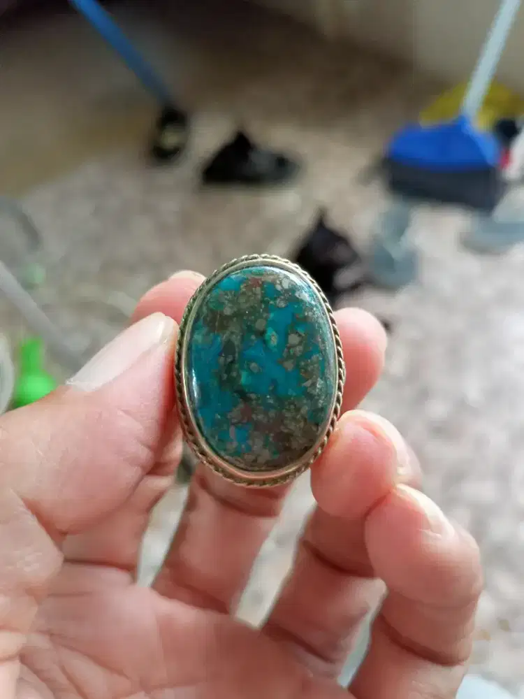 Batu Cincin Akik Permata Natural Turquoise Pirus Persia Biru Logam