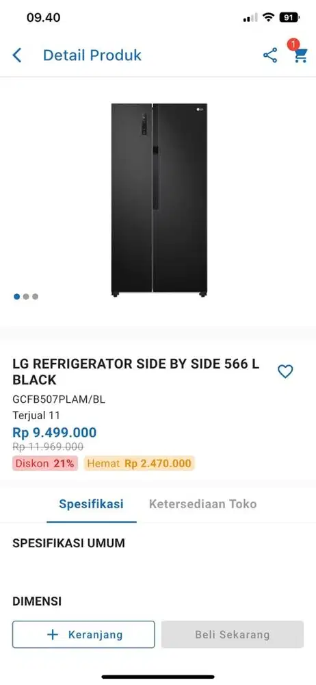 Side by side LG kapasitas 566L warna Black harga promo 9.499.000