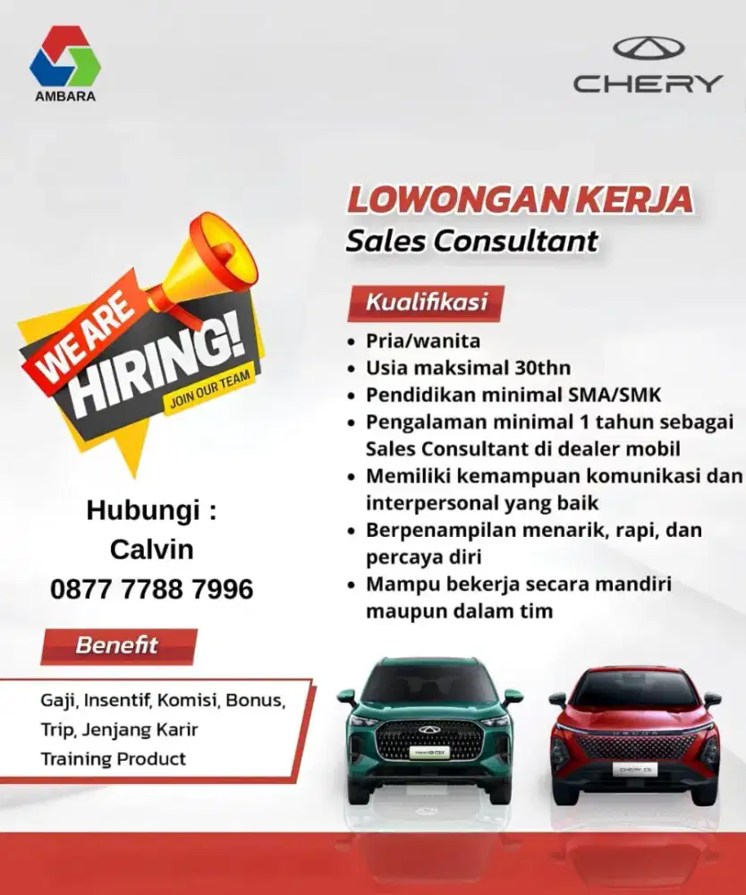 Di cari sales consultant untuk mobil chery