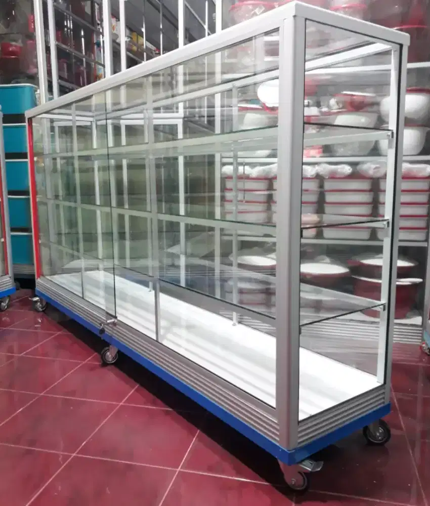 Etalase Pakai Roda Panjang 2M Kaca Full 5MM