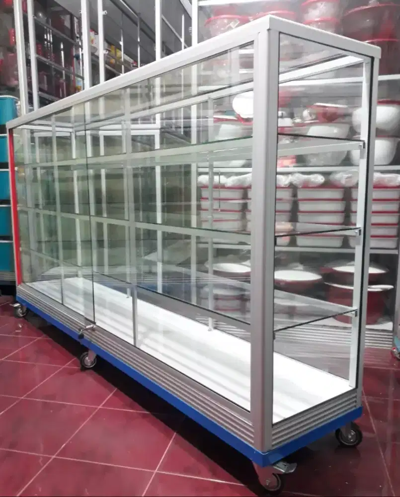 Etalase Pakai Roda Panjang 2M Kaca Full 5MM