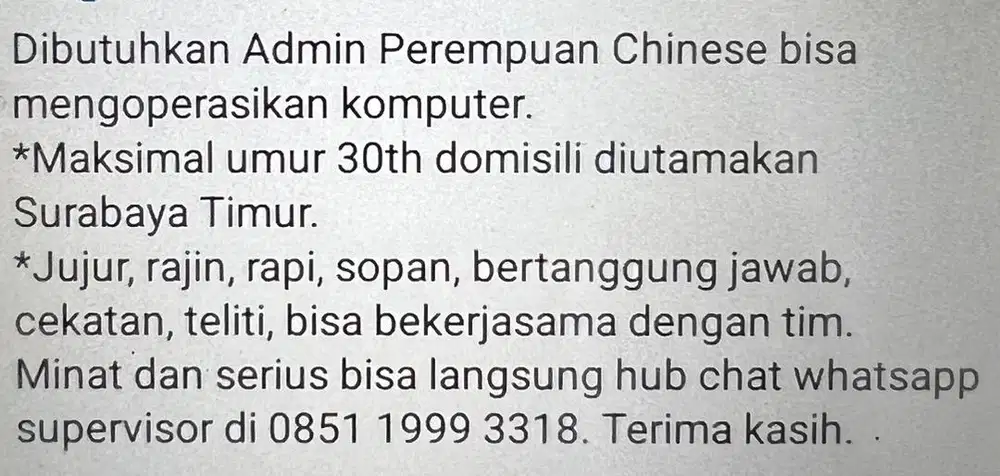 Dibutuhkan admin perempuan khusus chinese