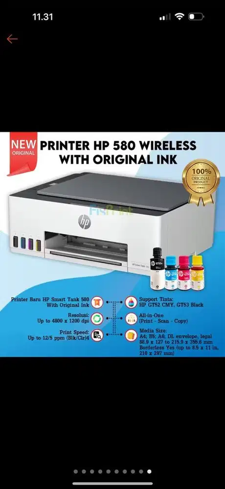 PRINTER HP 580 WIRELESS WITH ORIGINAL INK