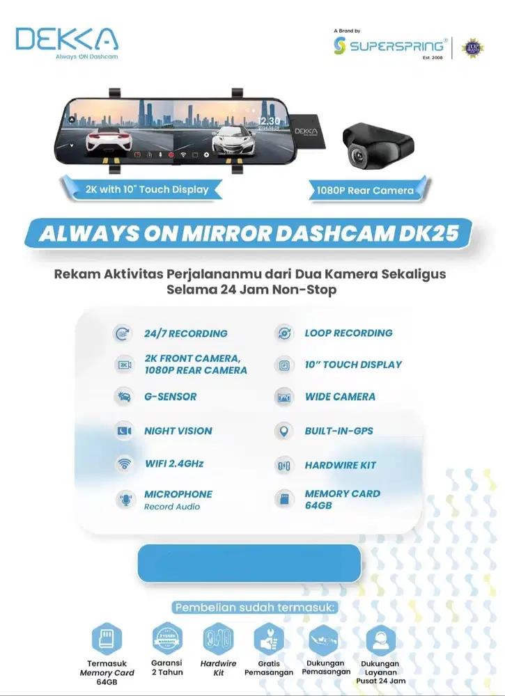 DUAL CAMERA DK25 DEKKA DASHCAM FREE PEMASANGAN DAN MEMORY CARD 64GB