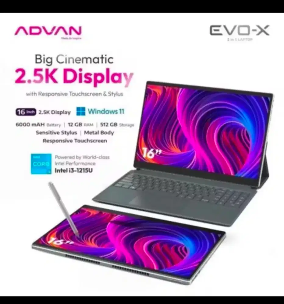 ADVAN EVO-X 16 2IN1 INTEL I3 1215U 12GB 512GB 16.0 2.5K IPS TOUCH PEN