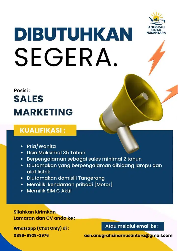 DIBUTUHKAN SEGERA SALES LAMPU & ALAT LISTRIK !!