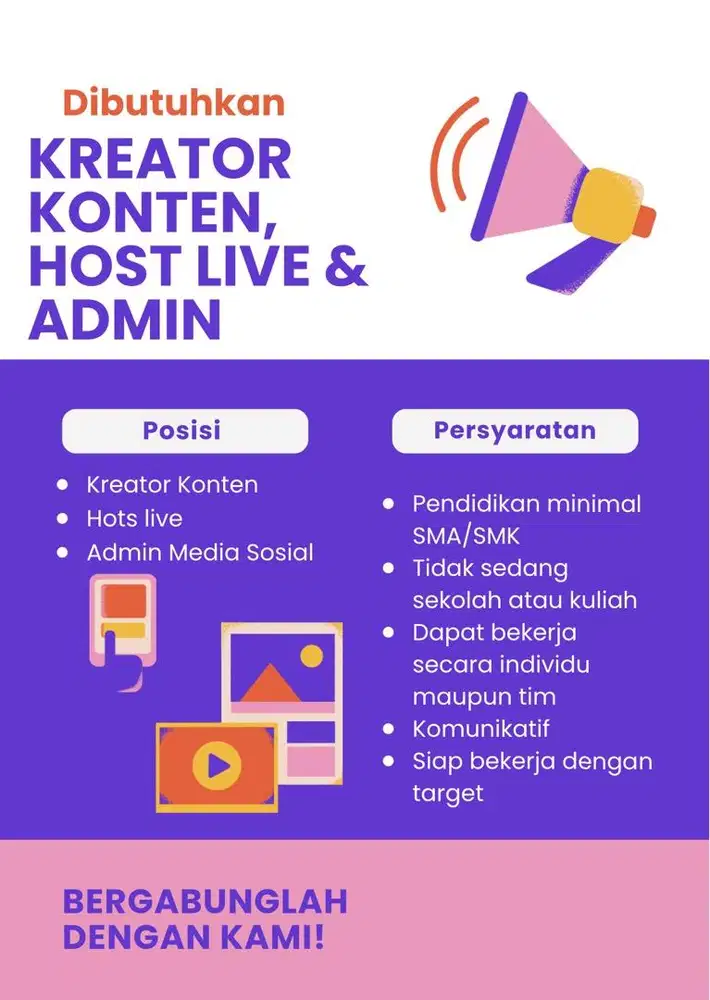 We're hiring   - konten kreator  - hots live  - admin