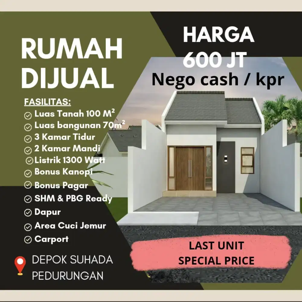 DI JUAL RUMAH BARU READY DI SUHADA PEDURUNGAN
